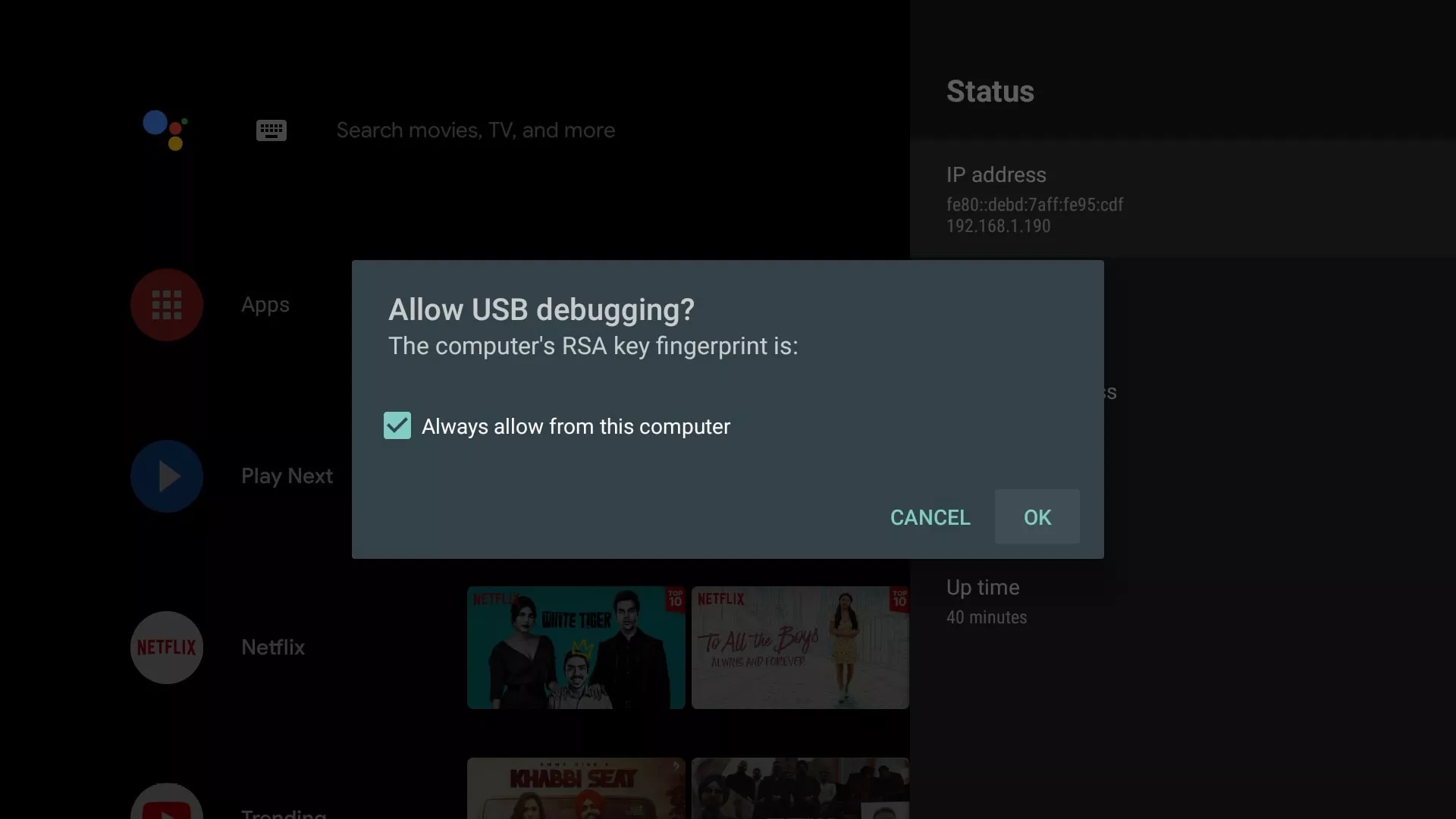 Allow USB debugging prompt ADB android TV