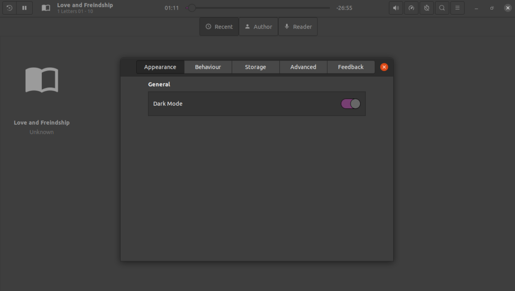 Dark mode in cozy audiobook player