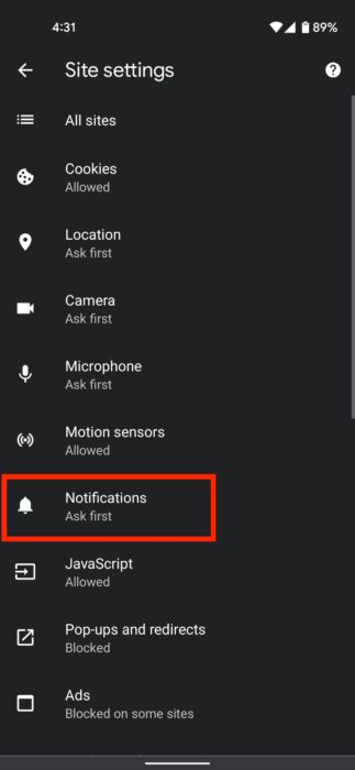 Google Chrome Android notifications