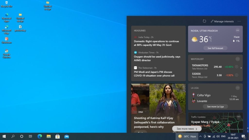 Berita dan Minat Flyout di Windows 10