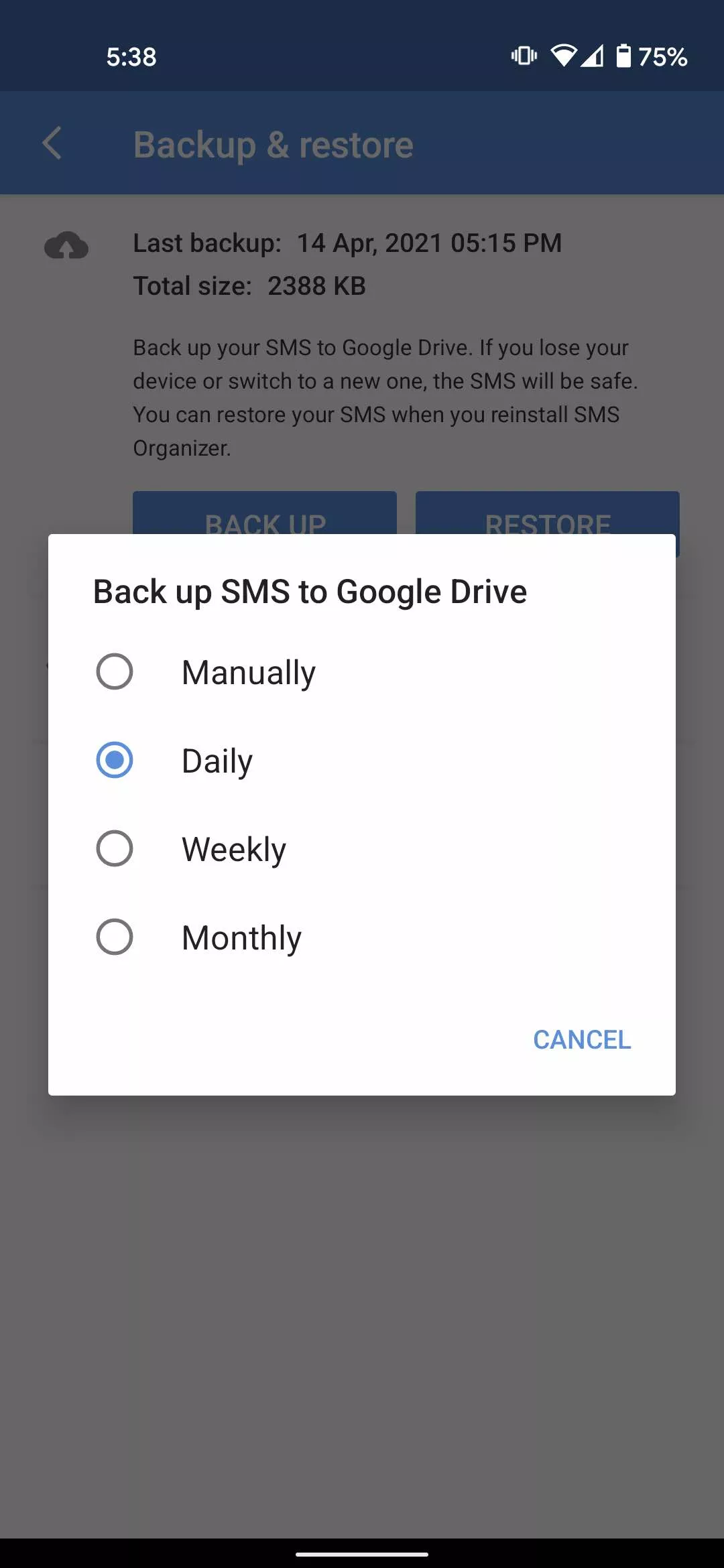SMS organizer daily backup
