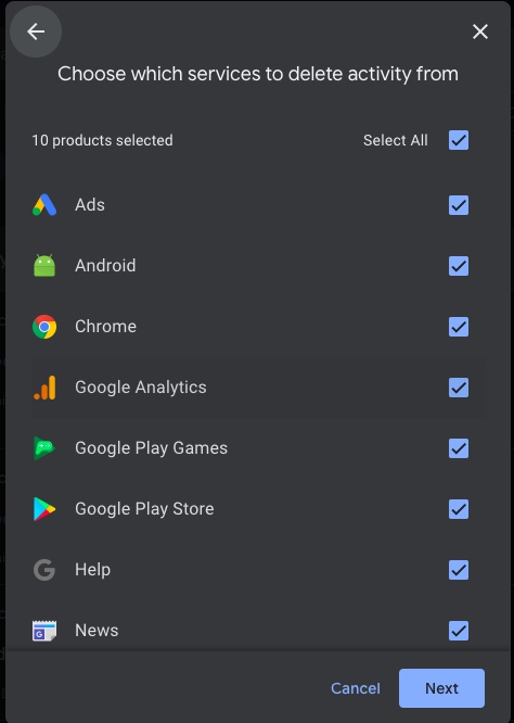 Select Google products delete Google activity
