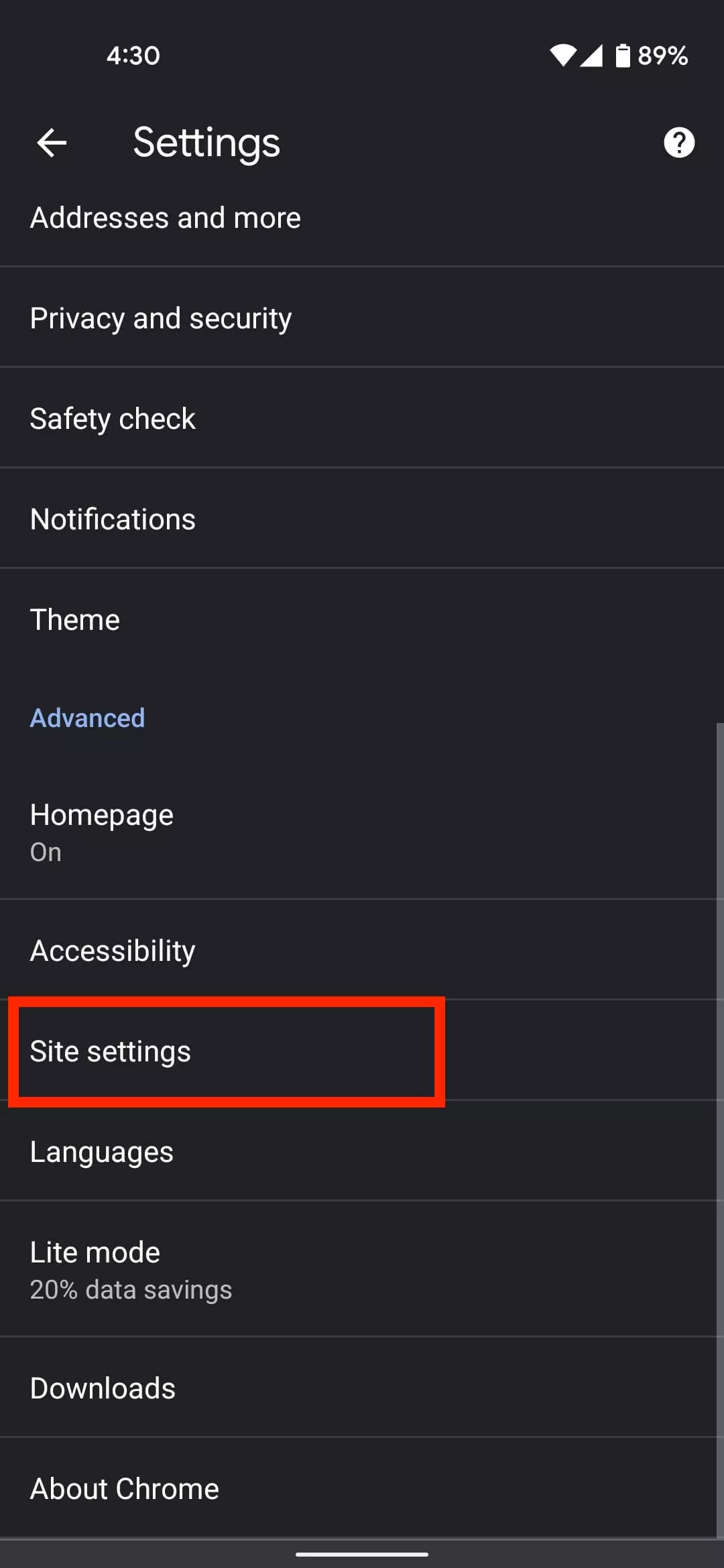 Select Site settings Google Chrome Android
