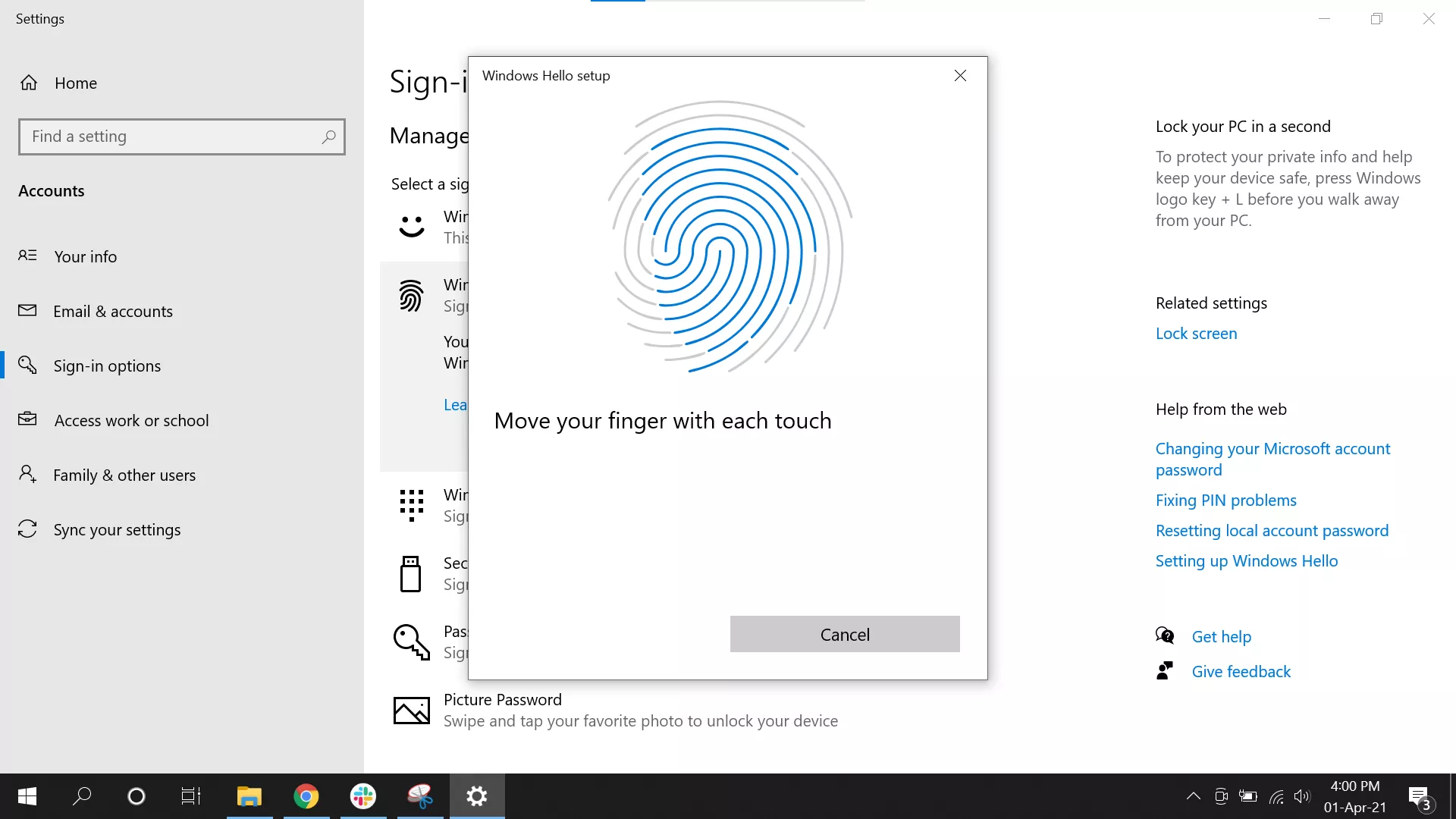 Setup fingerprint Windows Hello