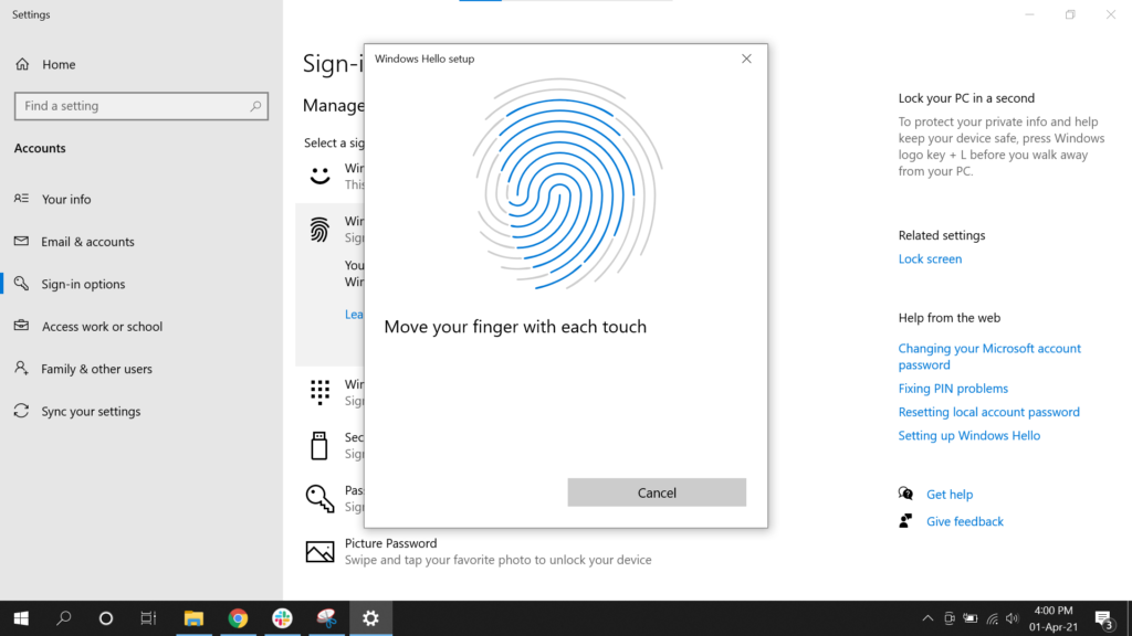 Setup fingerprint Windows Hello