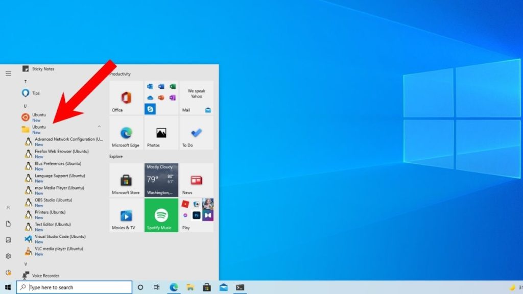 Ubuntu folder in the start menu - install linux apps in windows