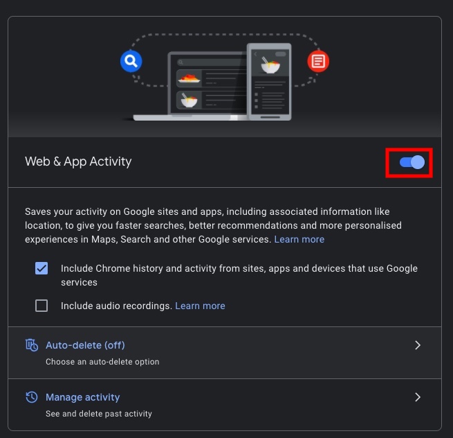 how to turn off web activity in Google