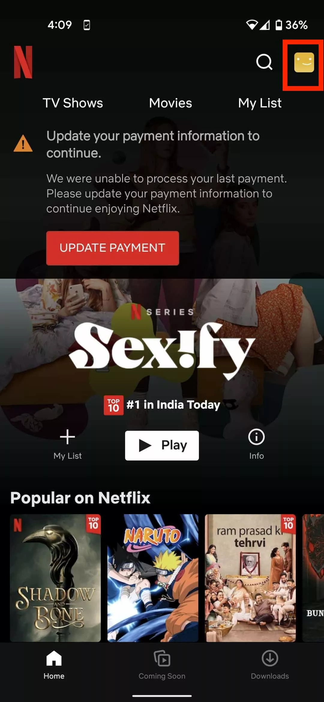 Netflix home screen Android