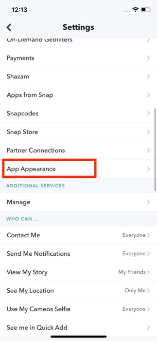 Snapchat appearance settings