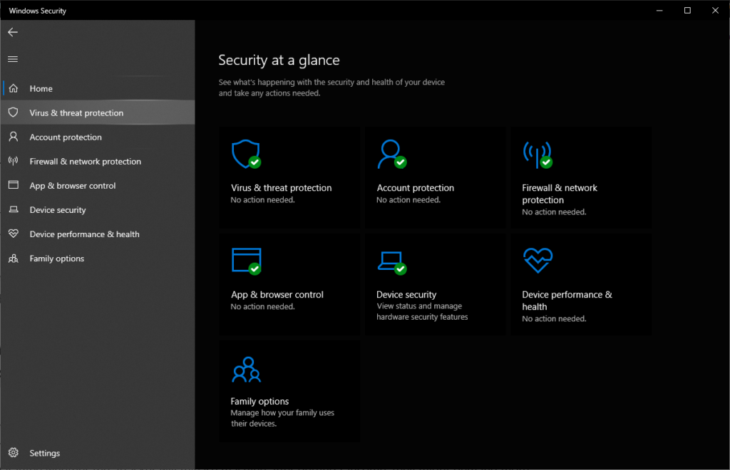 Windows Security Home screen