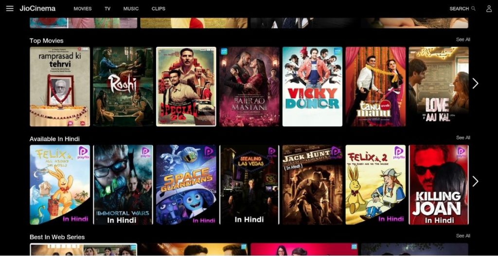 jiocinema - best sites to watch hindi dubbed movies