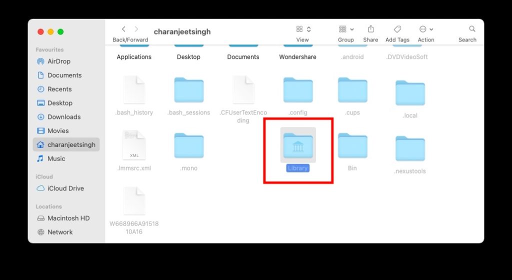 macOS hidden library folder user
