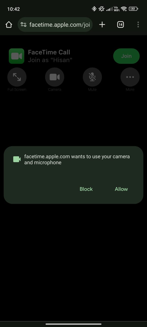 Screenshot of the camera permissions