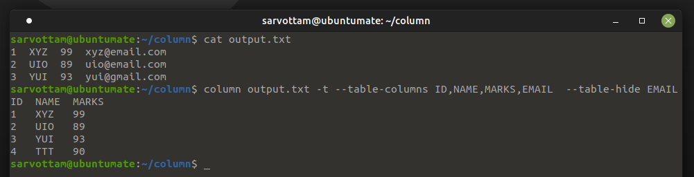 Команда column в linux