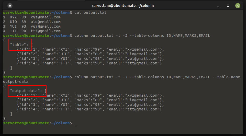 JSON Output with table name