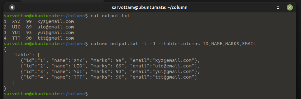 Output data in JSON format