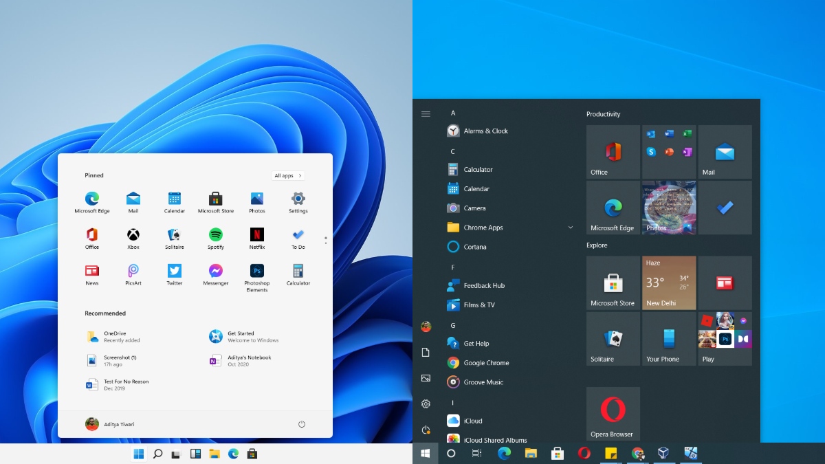 Start Menu Comparison WIndows 11 vs WIndows 10