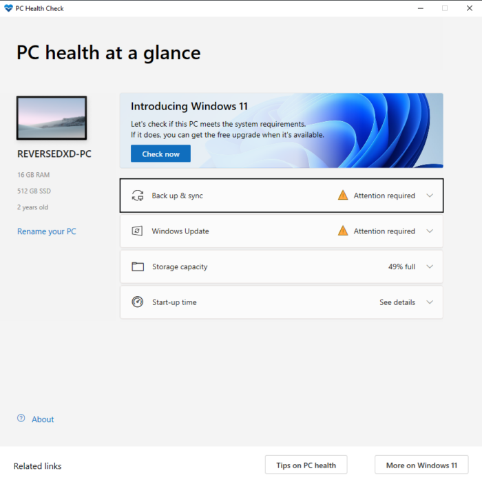 pc health tool home page