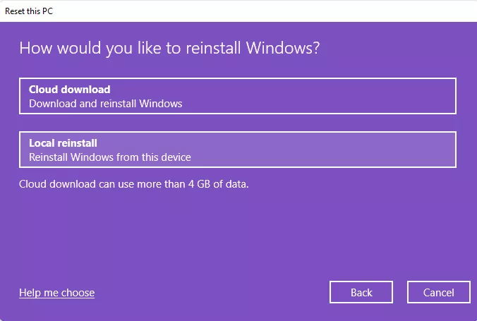 windows reset options