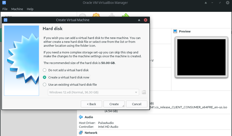 create a virtual harddisk now