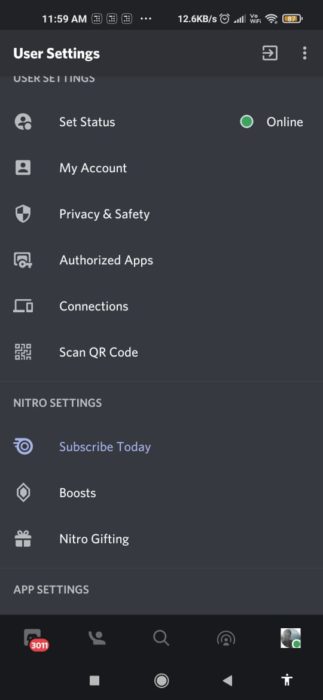 User settings in discord app