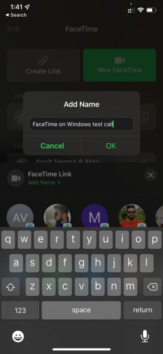 facetime add name to link