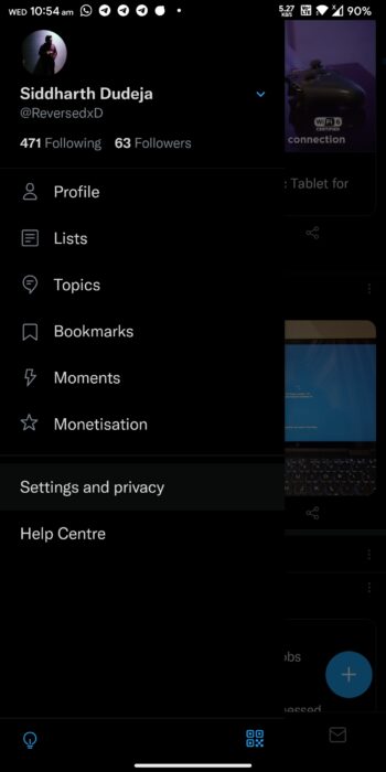 settings and privacy button