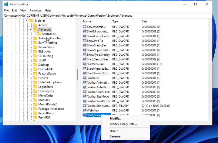 modify dword - get windows 10 start menu back on windows 11