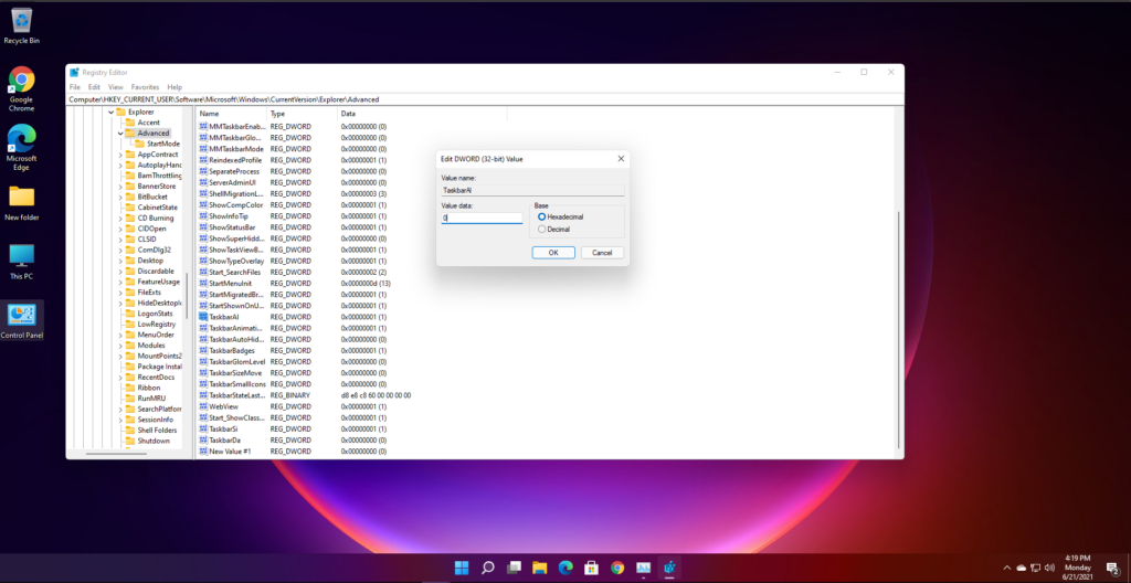 change taskbar alignment using registry editor