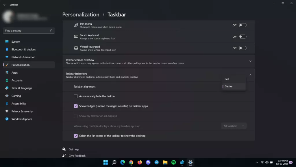 taskbar alignment settings