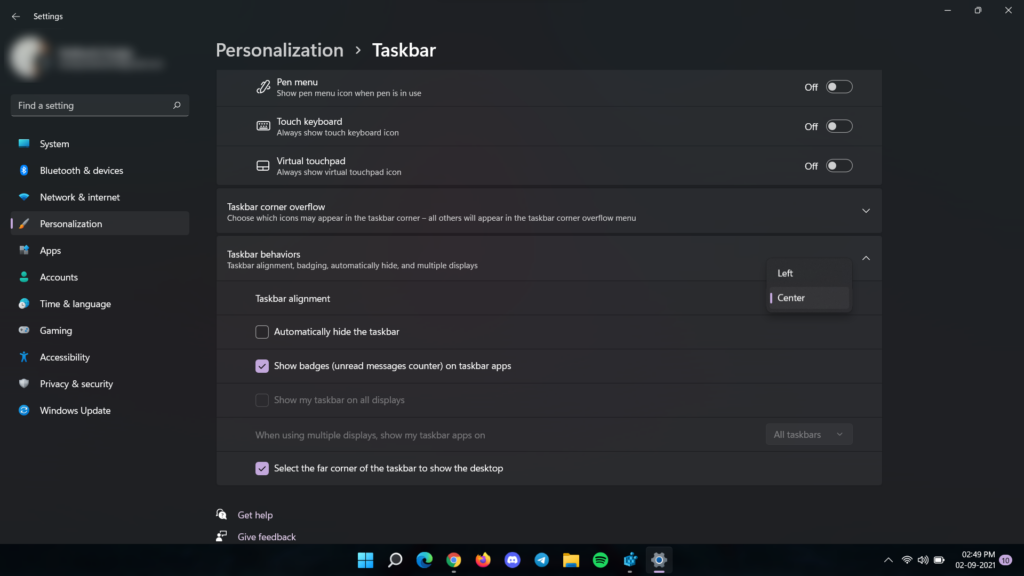 taskbar alignment settings