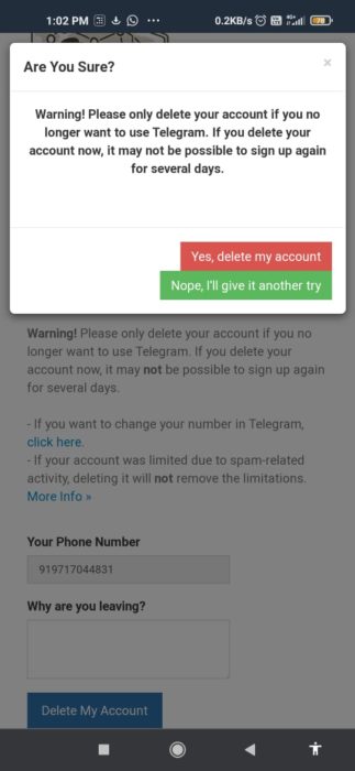confirm telegram account deletion