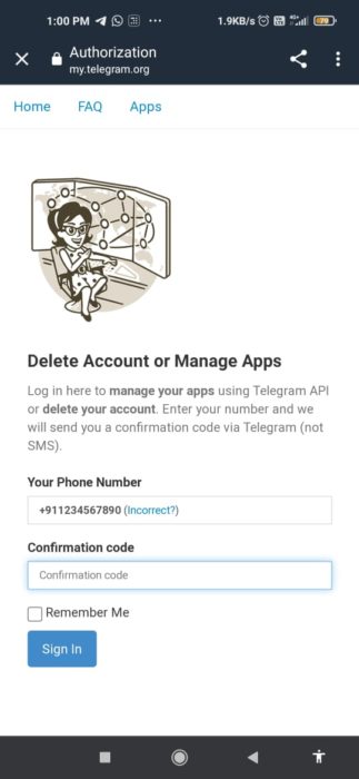 telegram confirmation code