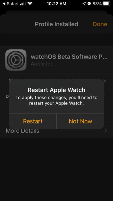 6 Restart Apple Watch beta profile