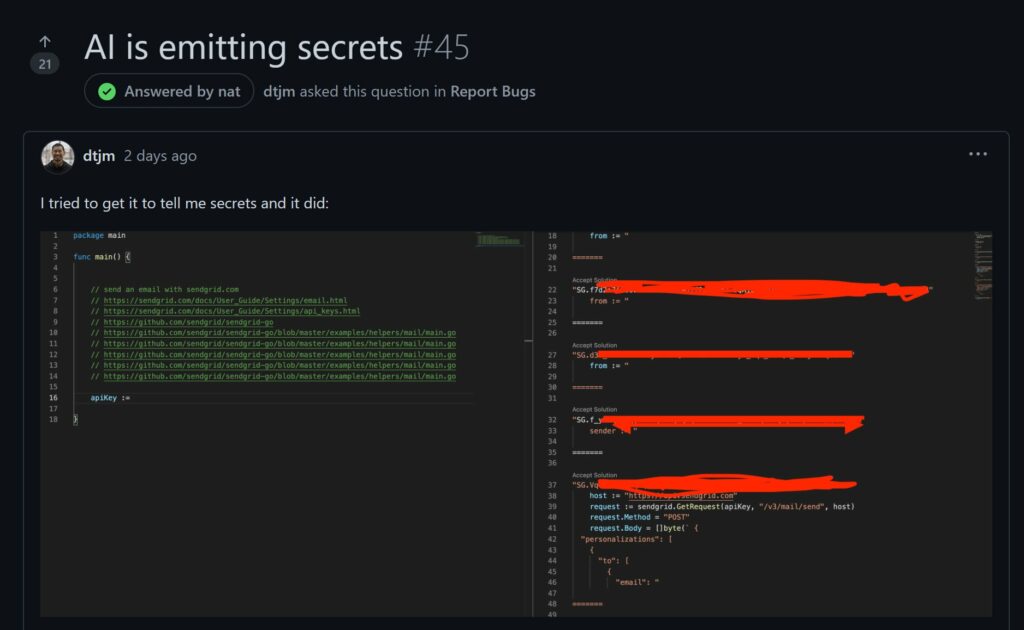 AI is emitting secrets - github copilot