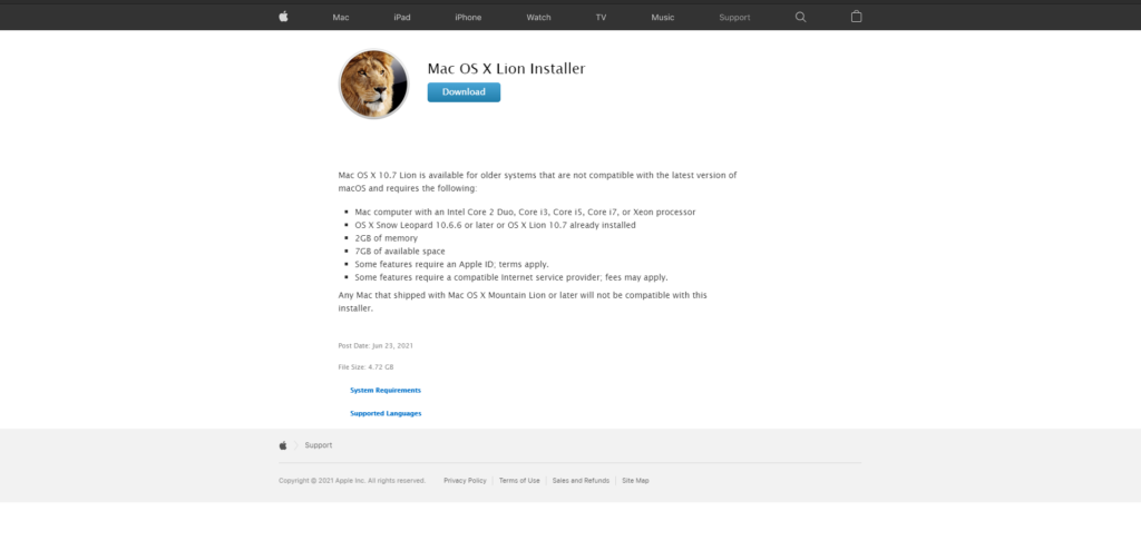 Mac OS X Lion support page