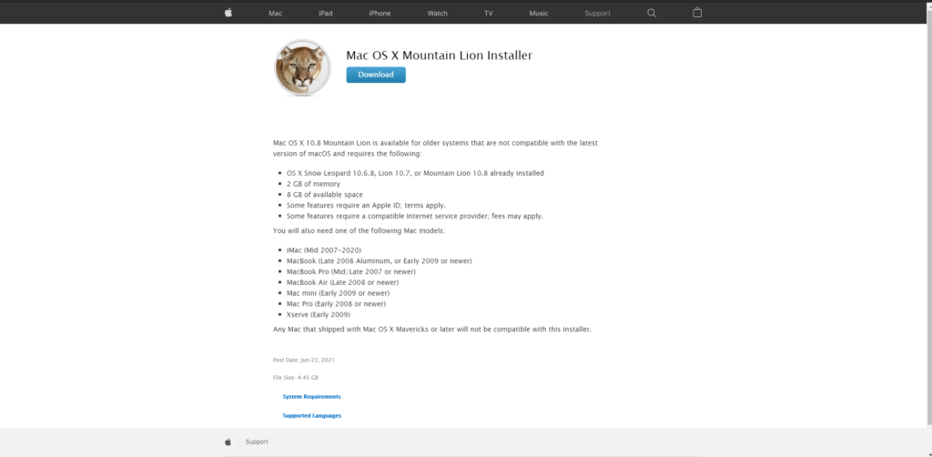 Mac OS X Mountain Lion support page
