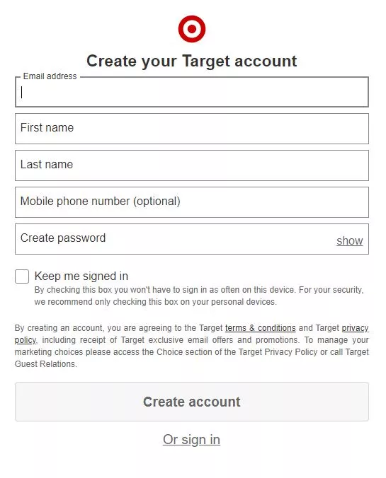create account on target for free offers