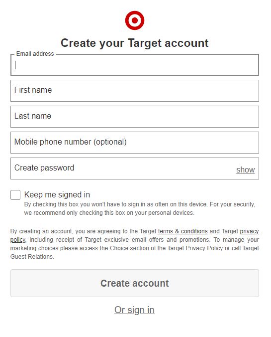 create account on target for free offers