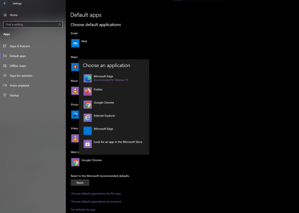 Changing default apps on windows 10