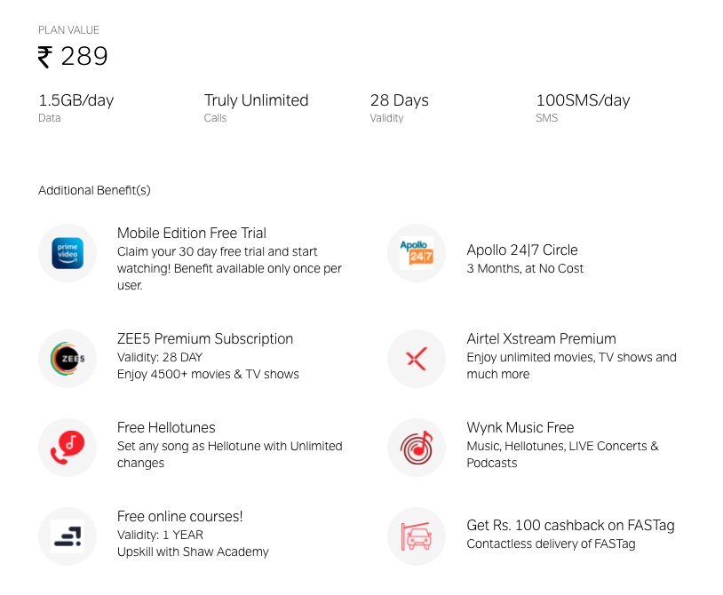 airtel 289 plan with free zee5 and prime video