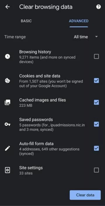 clear cookies and caches on android