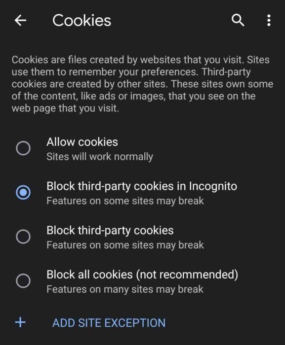 enable cookies in android