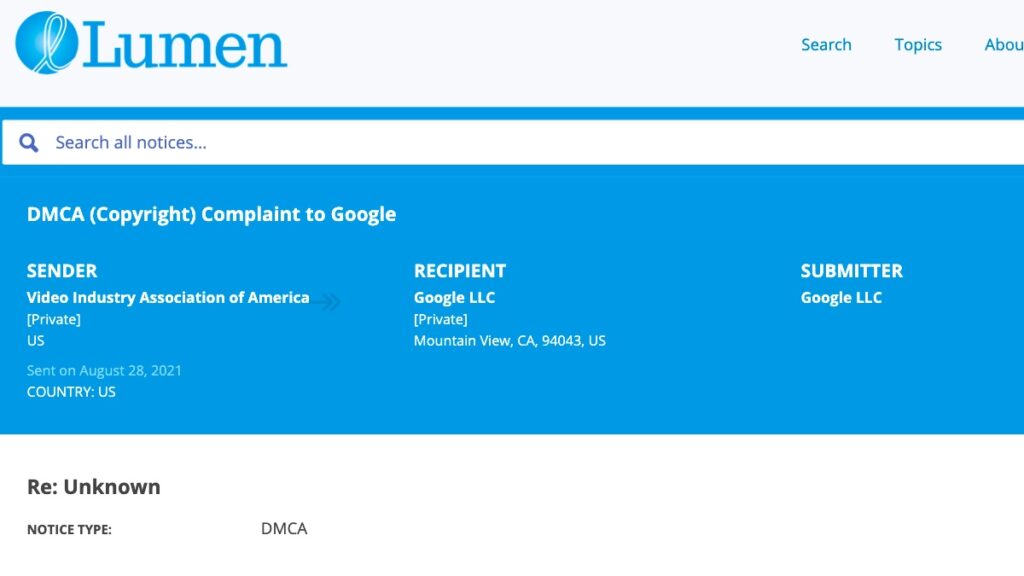 A screenshot of DMCA on Lumen Database