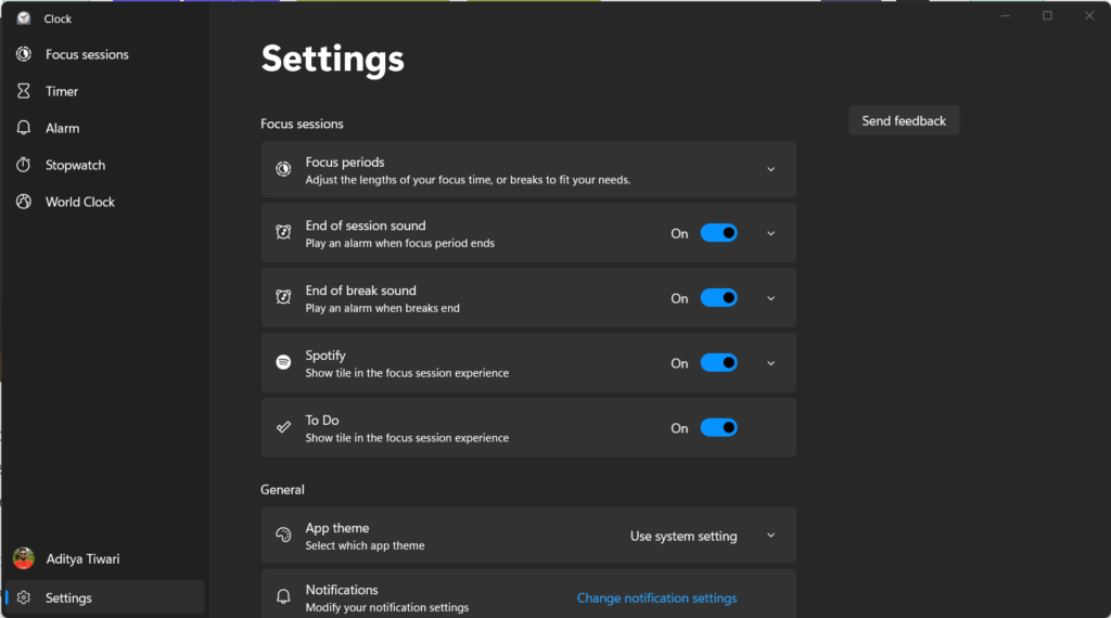 Settings Windows 11 Focus Sessions