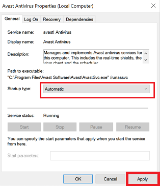 Choose Startup Type as Automatic for Avast Antivirus