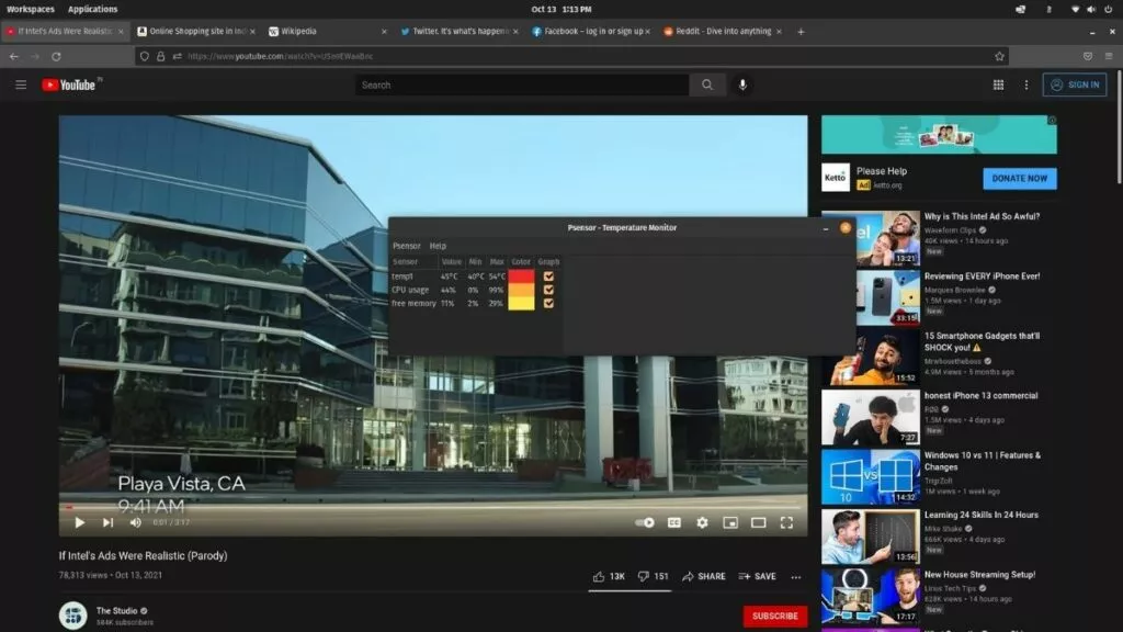 Pop!_OS youtube on firefox temperature