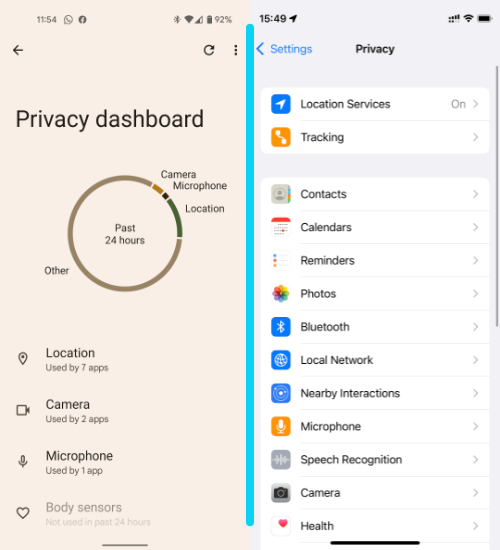 Privacy controls on Android 12 vs iOS 15