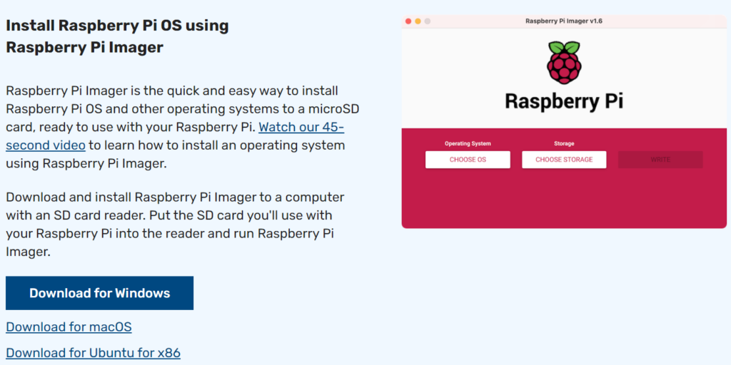 Raspberry Pi imager download page
