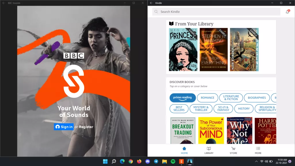 The Kindle and BBC Sounds Android apps running on WIndows 11.